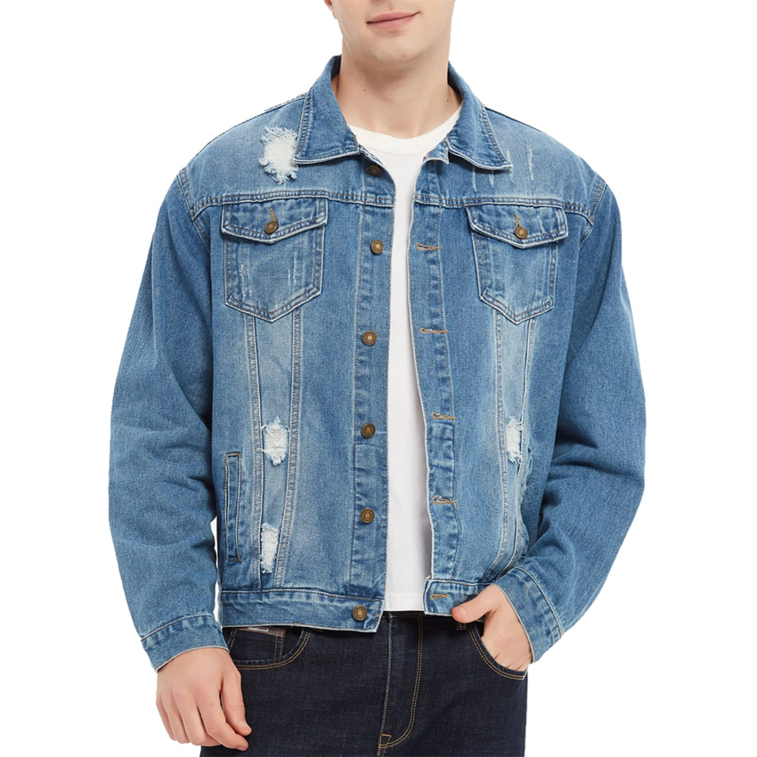 Men's Classic Ripped Denim Jacket Front View Image