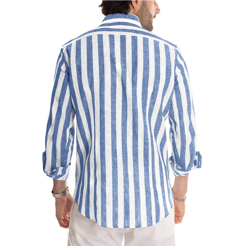 The model shows the overall effect of wearing a striped casual shirt