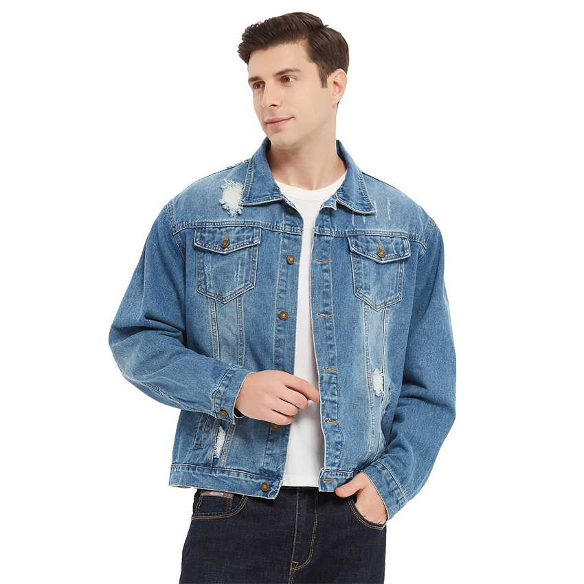 Men's Classic Ripped Denim Jacket Front View Image