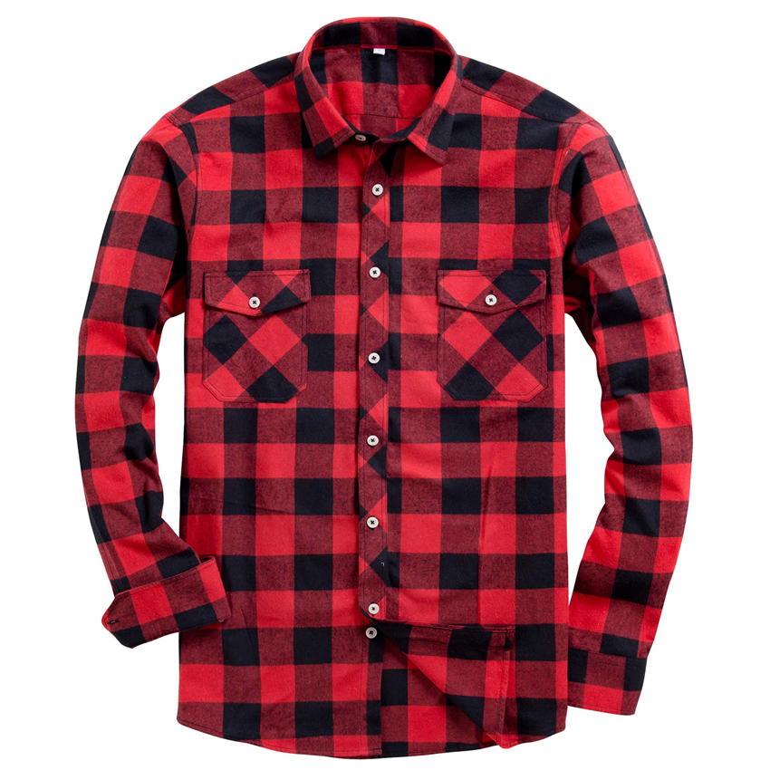 Regular red and black plaid flannel shirt front display